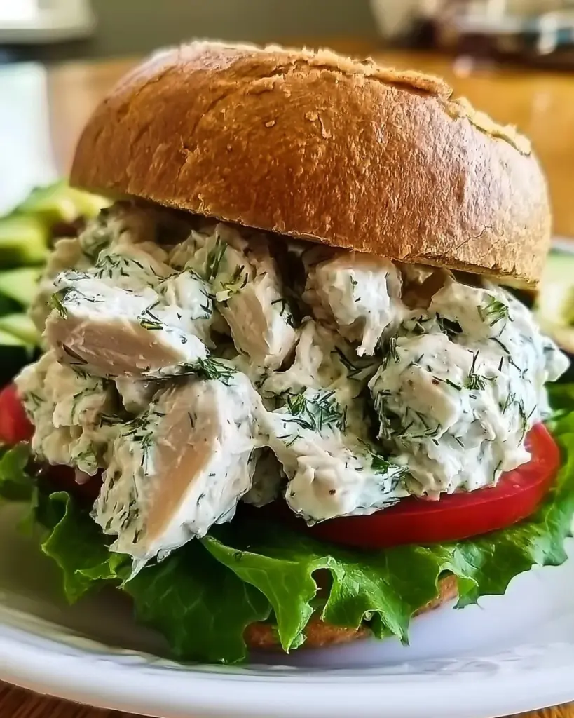 Delikates Dill-Hähnchensalat-Sandwich auf einem Holzbrett serviert