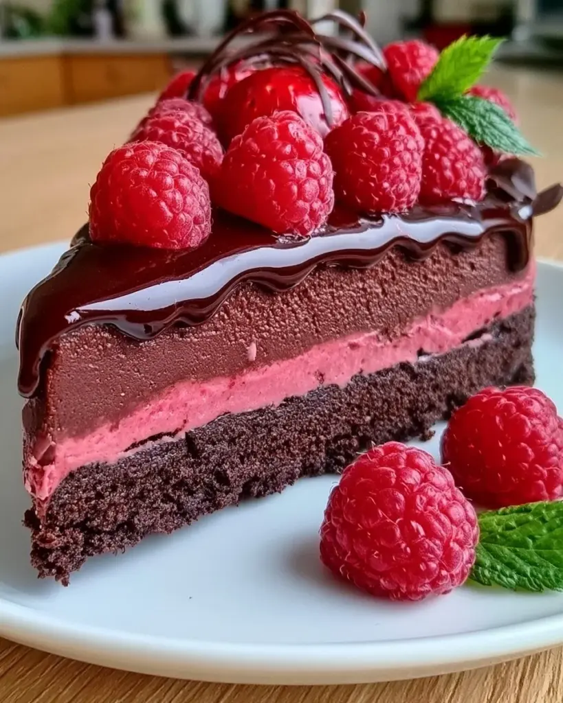 Dunkle Schokoladen-Himbeer-Mousse-Torte mit frischen Himbeeren und Schokoladendekor