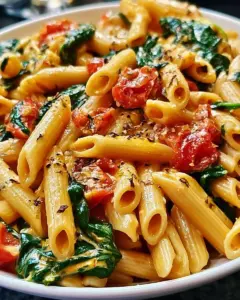 Ein-Topf Spinat-Tomaten-Pasta serviert in einer Schüssel mit frischen Zutaten.