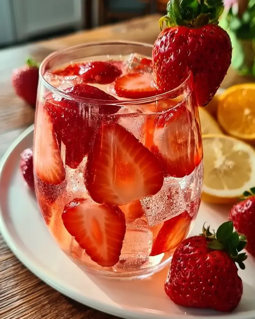 Glas Erdbeerbowle mit frischen Erdbeeren und Minze auf einem Tisch