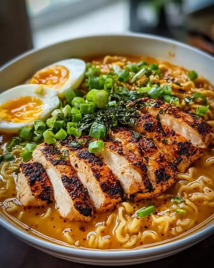 Feuriges Hähnchen-Ramen mit frischen Zutaten und Brühe