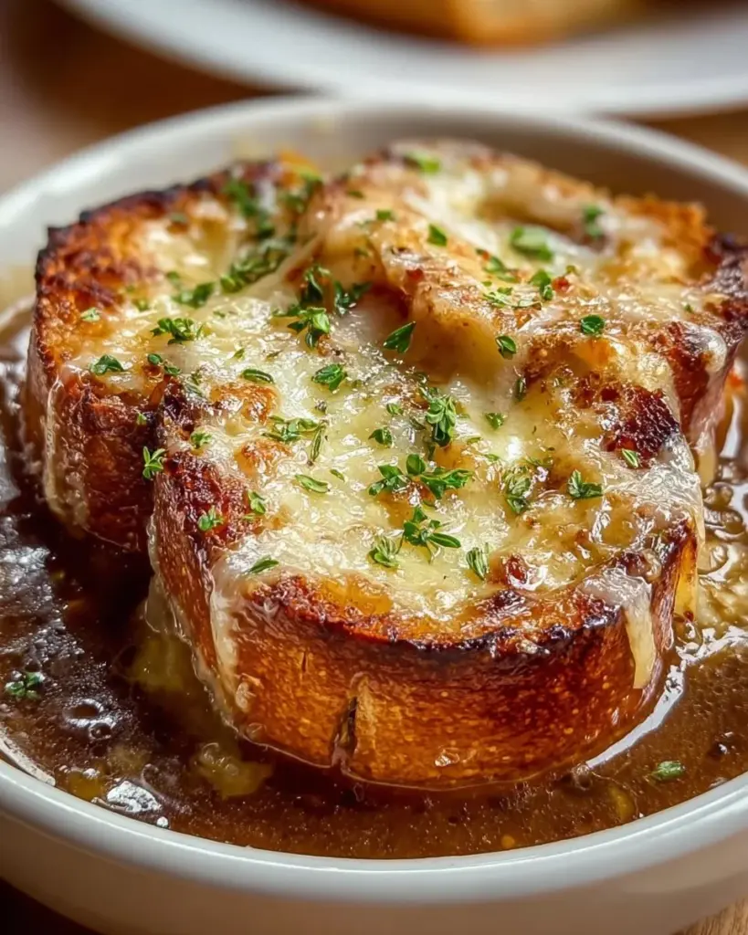 Schüssel mit klassischer Französischer Zwiebelsuppe mit Käse und Brot.