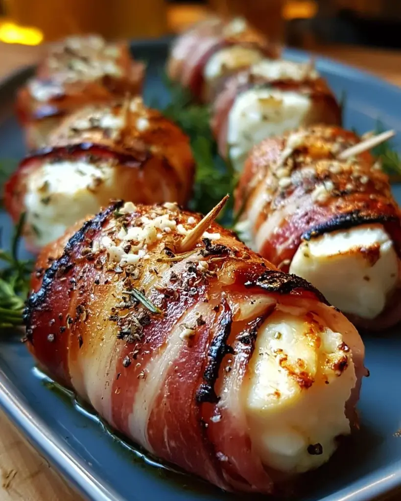 Gegrillte Feta-Schinkenröllchen auf dem Grill, appetitlich angerichtet.