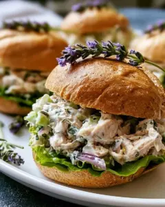 Gesunde Lavendel-Hühnchen-Salat-Sandwiches auf einem Teller
