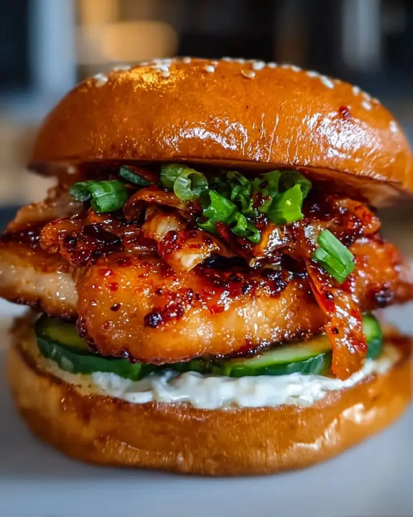 Gochujang Chicken Burger mit Kimchi Bacon Jam auf einem Teller