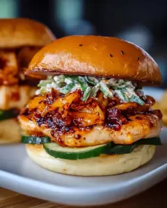 Gochujang-Hähnchenburger mit Kimchi-Speck-Marmelade auf einem Teller
