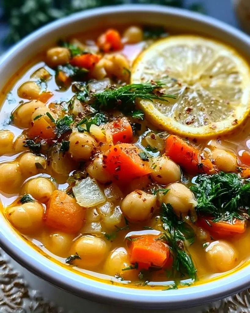 Schüssel mit griechischer Kichererbsensuppe, aromatisch und gesund.