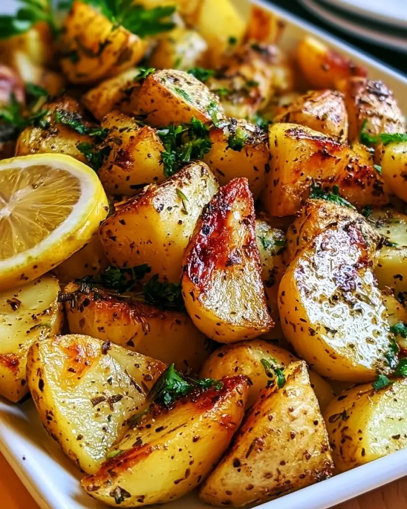 Griechische Zitronenkartoffeln mit frischen Kräutern und Zitrone serviert