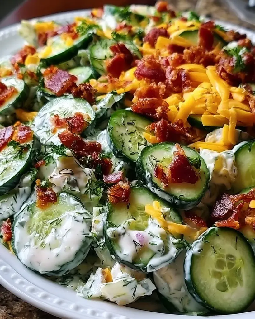 Leckerer Gurken-Ranch-Crack-Salat in einer Schüssel mit frischen Zutaten.