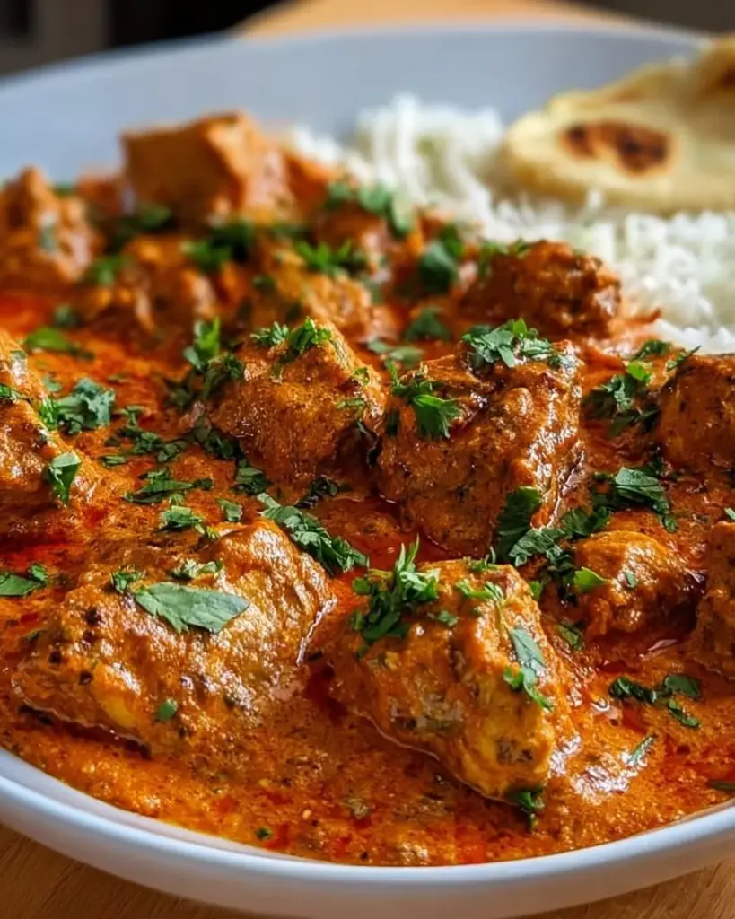 Hähnchen Tikka Masala in einer aromatischen Sauce serviert
