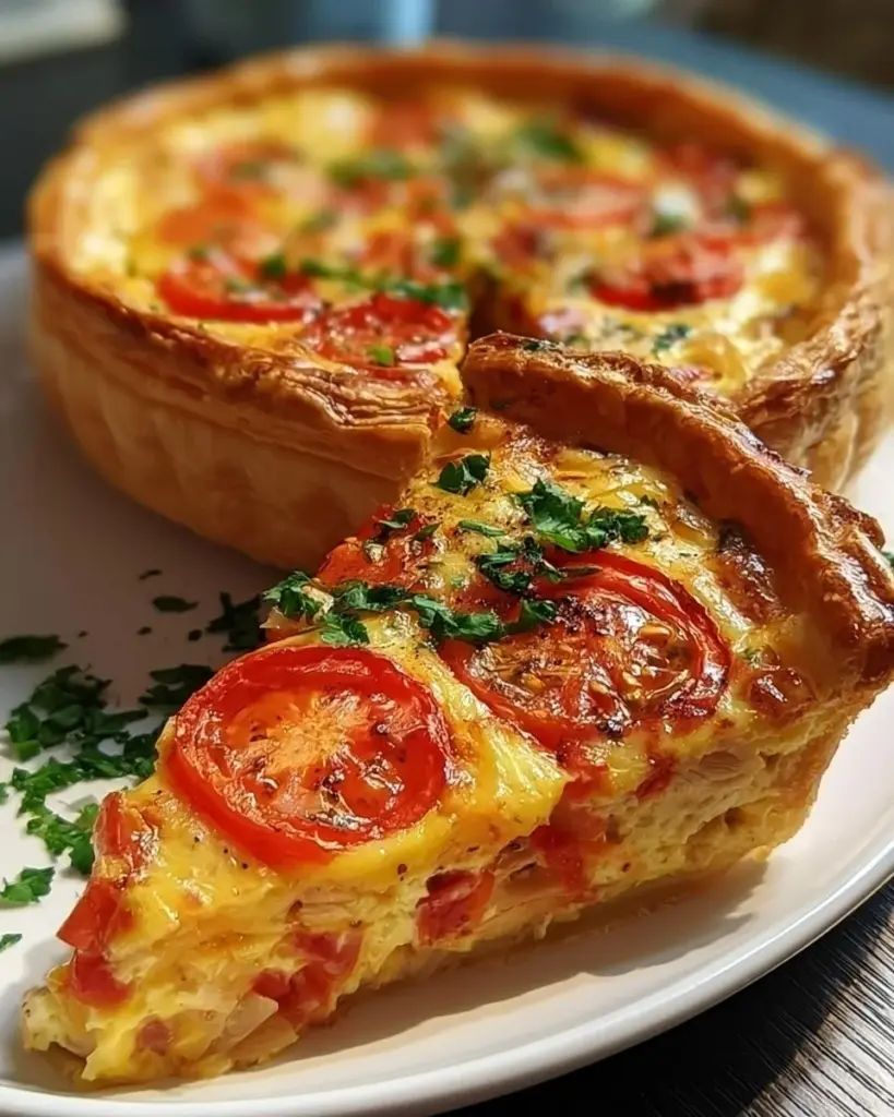 Hähnchen-Tomaten-Quiche frisch aus dem Ofen, lecker und ansprechend serviert.