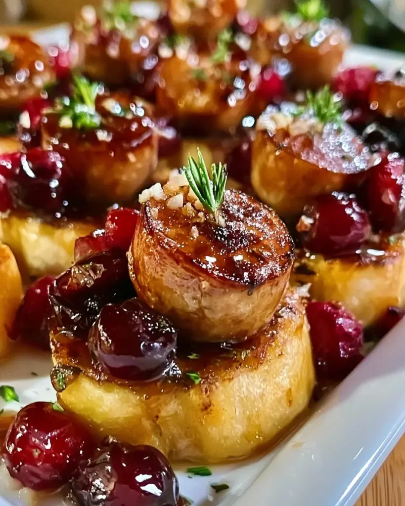 Häppchen mit geräucherter Wurst und Preiselbeeren auf einer Platte