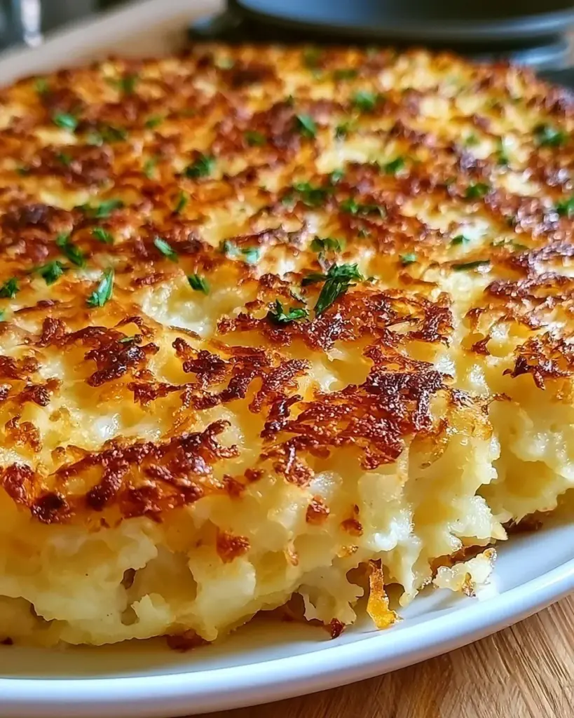 Hüttenkäse-Kartoffel-Rösti-Auflauf im Ofen gebacken mit frischen Kräutern