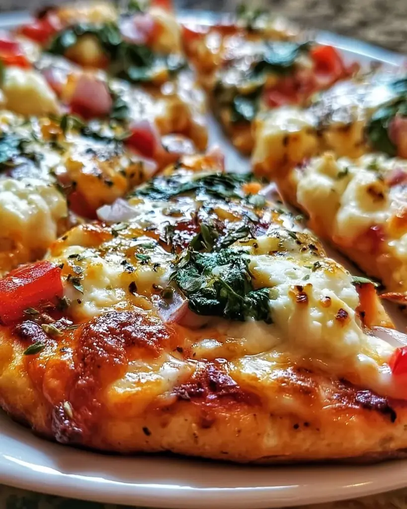 Leckere Hüttenkäse Pizza auf einem Holzbrett mit frischen Zutaten