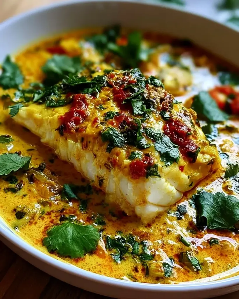 Kabeljau mit Kokosnuss-Curry in einer bunten Schüssel