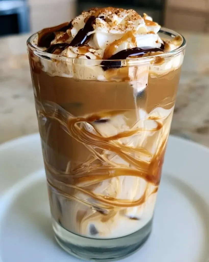 Karamell-Mandelmilch-Eiskaffee in einem Glas mit Eis und Sahne