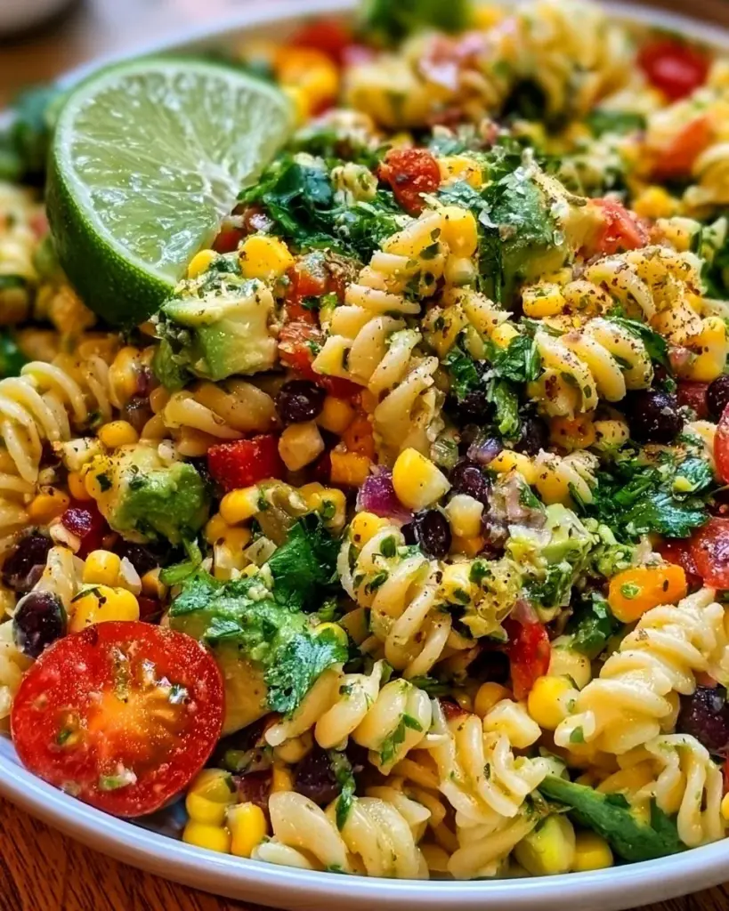 Koriander-Limetten-Pasta-Salat in einer bunten Schüssel serviert