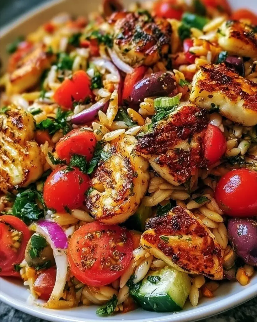 Kritharaki-Salat mit Halloumi auf einem Teller serviert