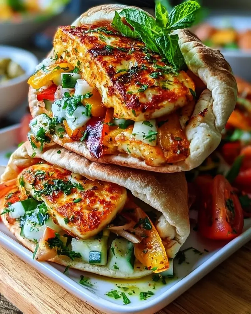 Mediterrane Halloumi-Pitas mit frischen Zutaten und Gewürzen