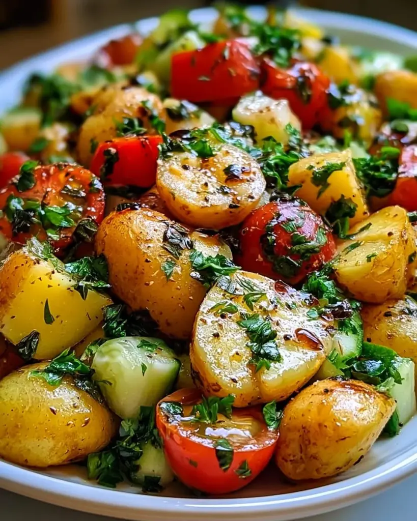 Mediterraner Kartoffelsalat mit frischem Gemüse und Kräutern.