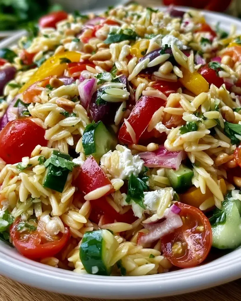 Mediterraner Orzo-Nudelsalat mit frischem Gemüse und Kräutern