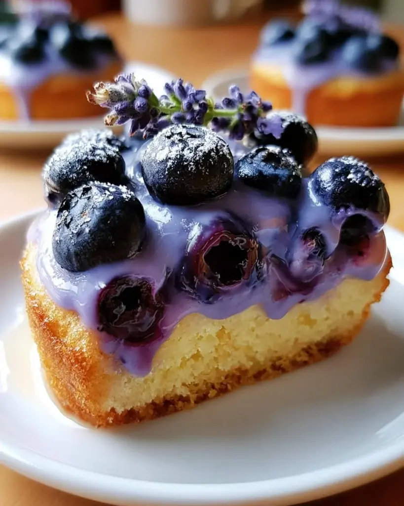 Mini Lavendel-Heidelbeer-Kuchen auf einem Holzbrett dekoriert mit frischen Heidelbeeren