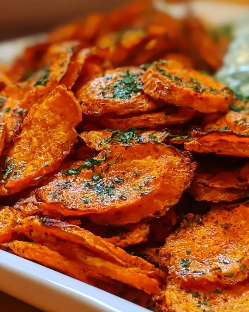 Schale mit knusprigen Möhrenchips auf einem Holztisch