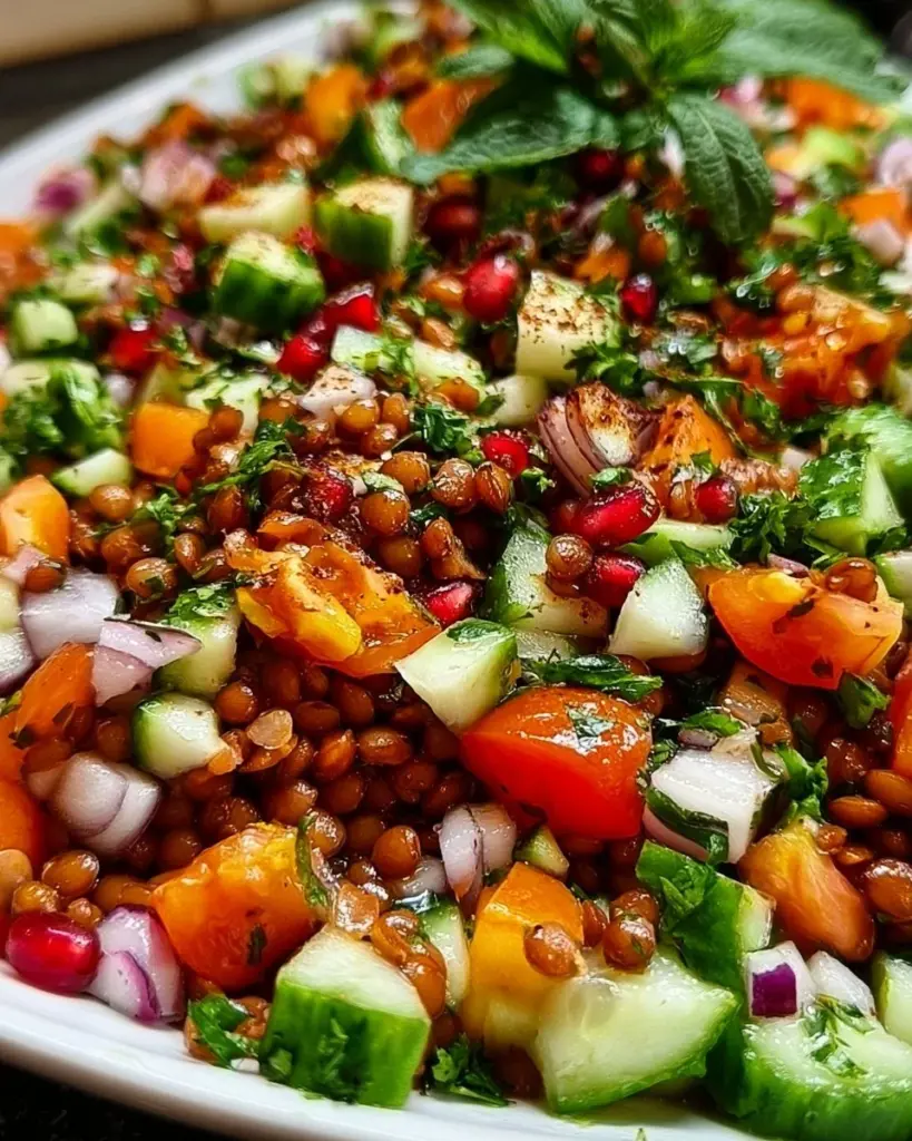 Orientalischer Linsensalat mit frischen Zutaten und Gewürzen