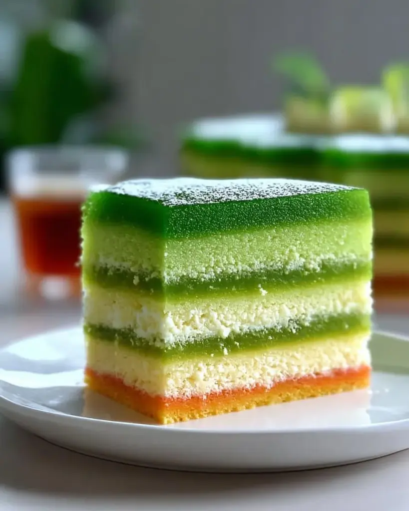 Pandan-Lagenkuchen mit grünen Schichten und cremiger Füllung auf einer weißen Platte.