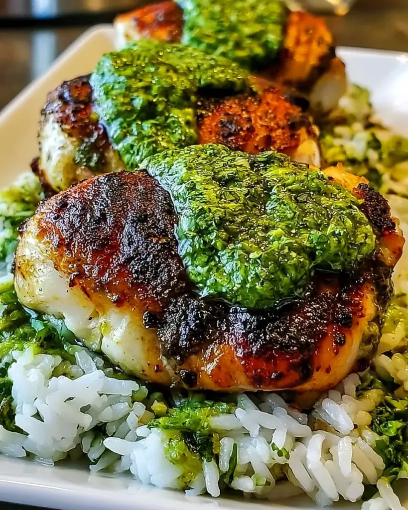 Peruanisches Hähnchen und Reis mit grüner Sauce auf einem Teller serviert
