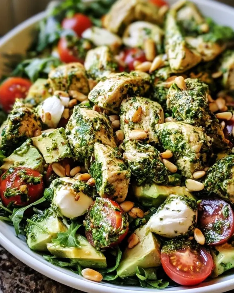 Ein köstlicher Pesto-Hühnchensalat mit frischem Gemüse auf einem Teller