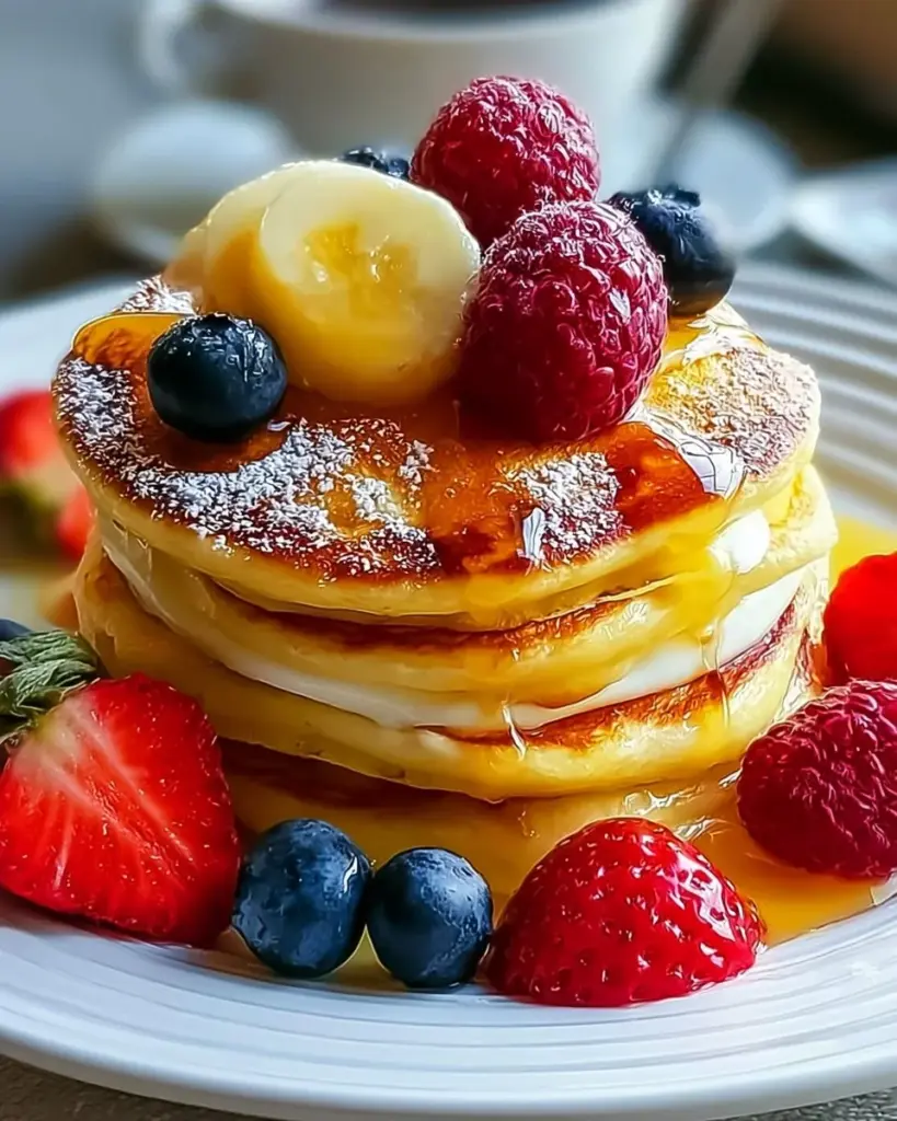 Leckere Pfannkuchen mit Joghurt auf einem Teller serviert