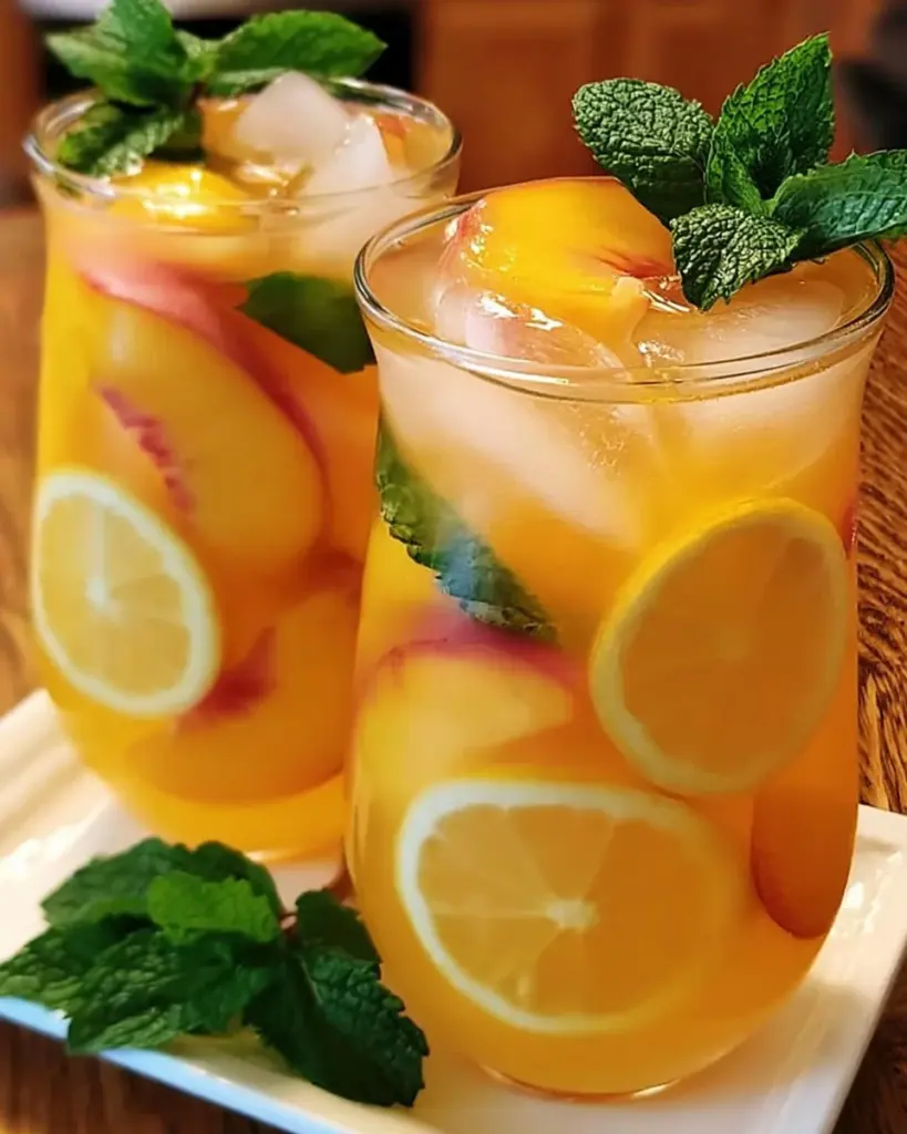 Erfrischende Pfirsich-Limonade in einem Glas mit frischen Pfirsichen
