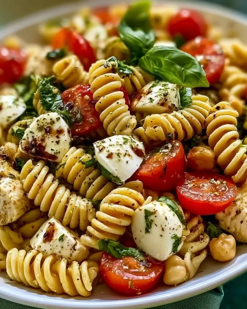Proteinreicher Caprese-Nudelsalat mit frischen Tomaten, Mozzarella und Basilikum.