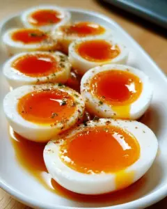 Perfekt zubereitete Ramen-Eier in einer Schüssel