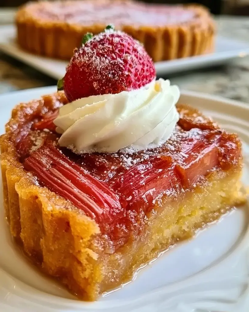 Ein leckerer Rhabarberpuddingkuchen auf einem Teller serviert.