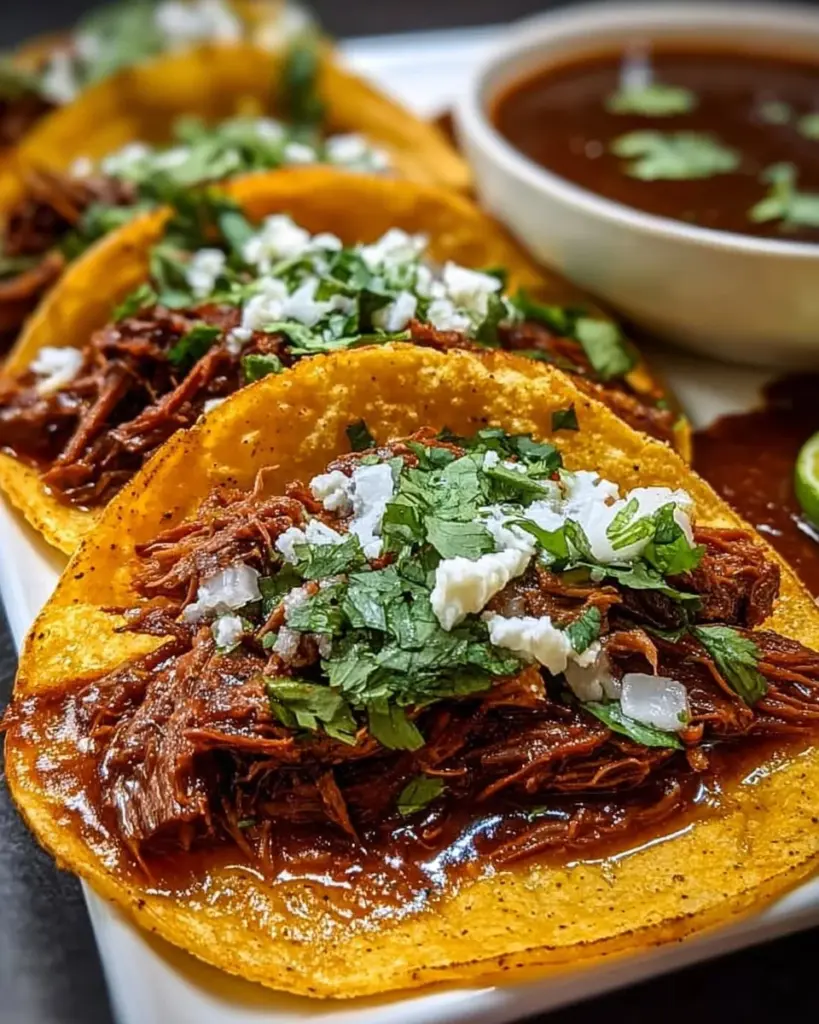 Rindfleisch-Birria-Tacos serviert mit frischen Kräutern und Gewürzen.