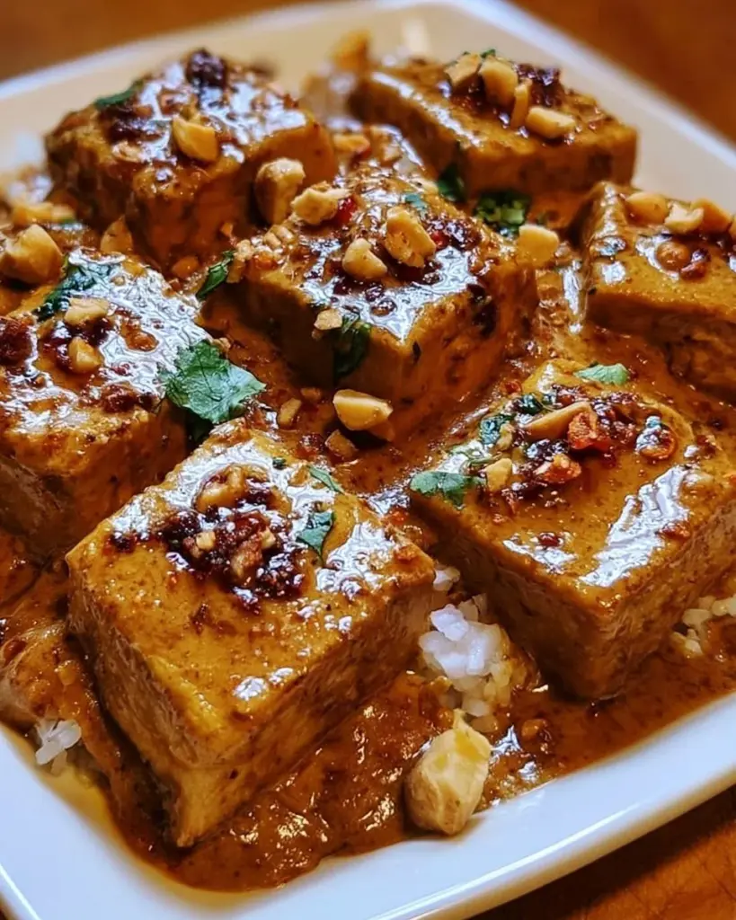 Scharfer Tofu mit cremiger Kokossauce in einer Schüssel serviert
