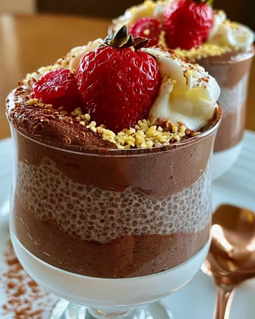 Schokoladen-Chia-Protein-Pudding in einer Schale serviert.