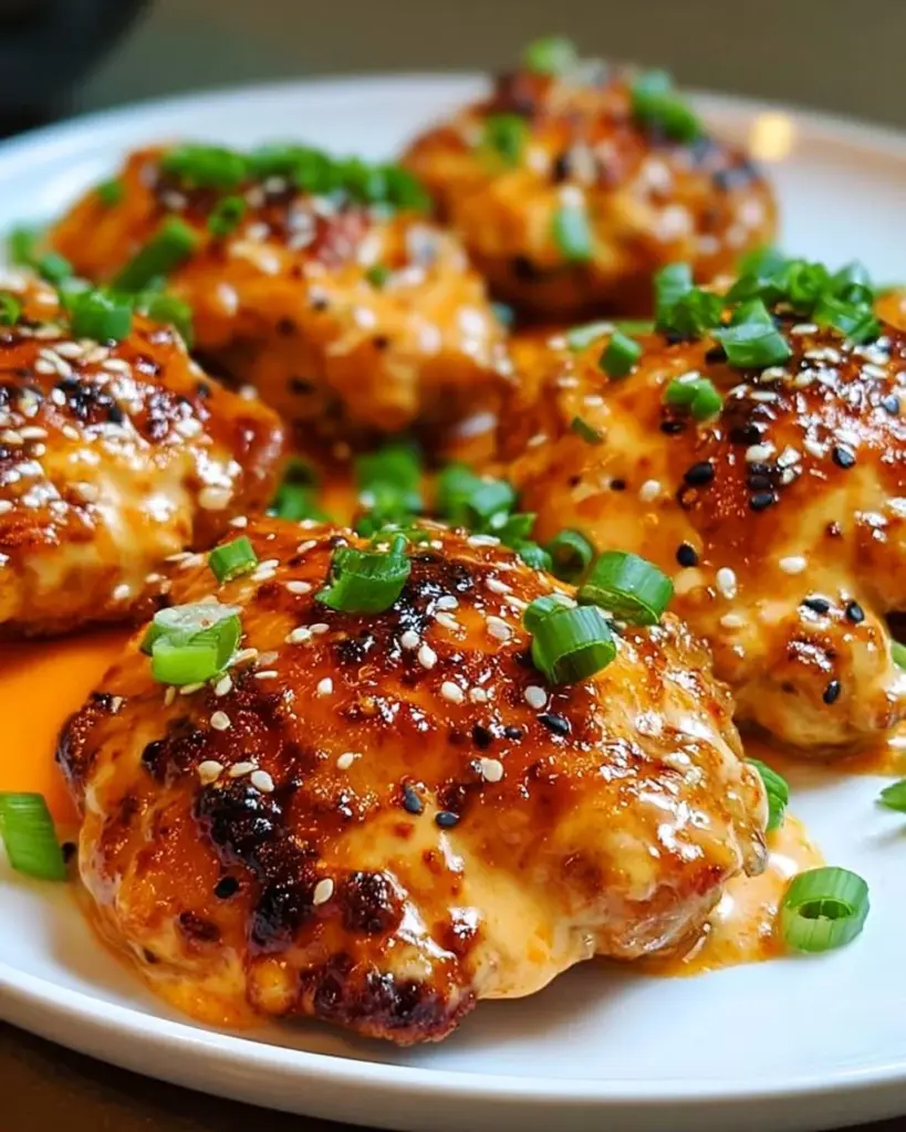 Saftige Skillet Bang Bang Hähnchenkeulen mit würziger Sauce in einer Pfanne zubereitet.