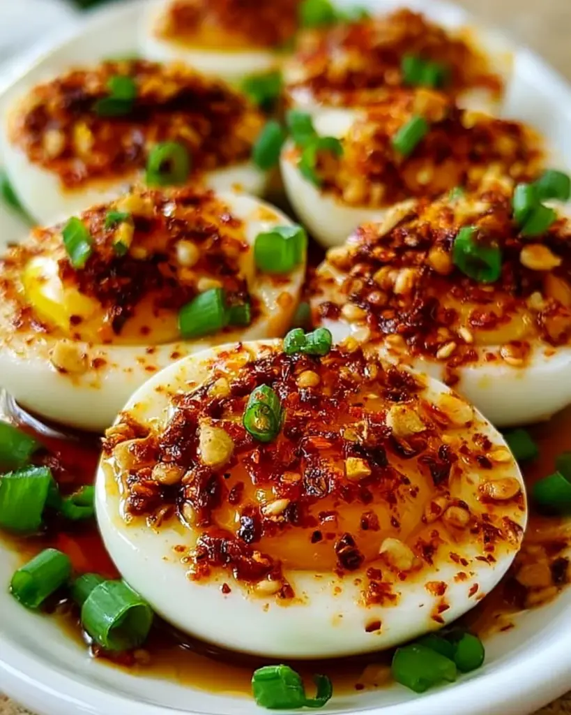 Sojasauce-Eier mit Chili Crunch, köstliche würzige Snacks