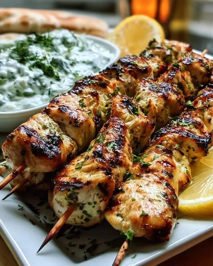 Souvlaki-Spieße mit Tzatziki und Pita-Brot serviert auf einem Teller.