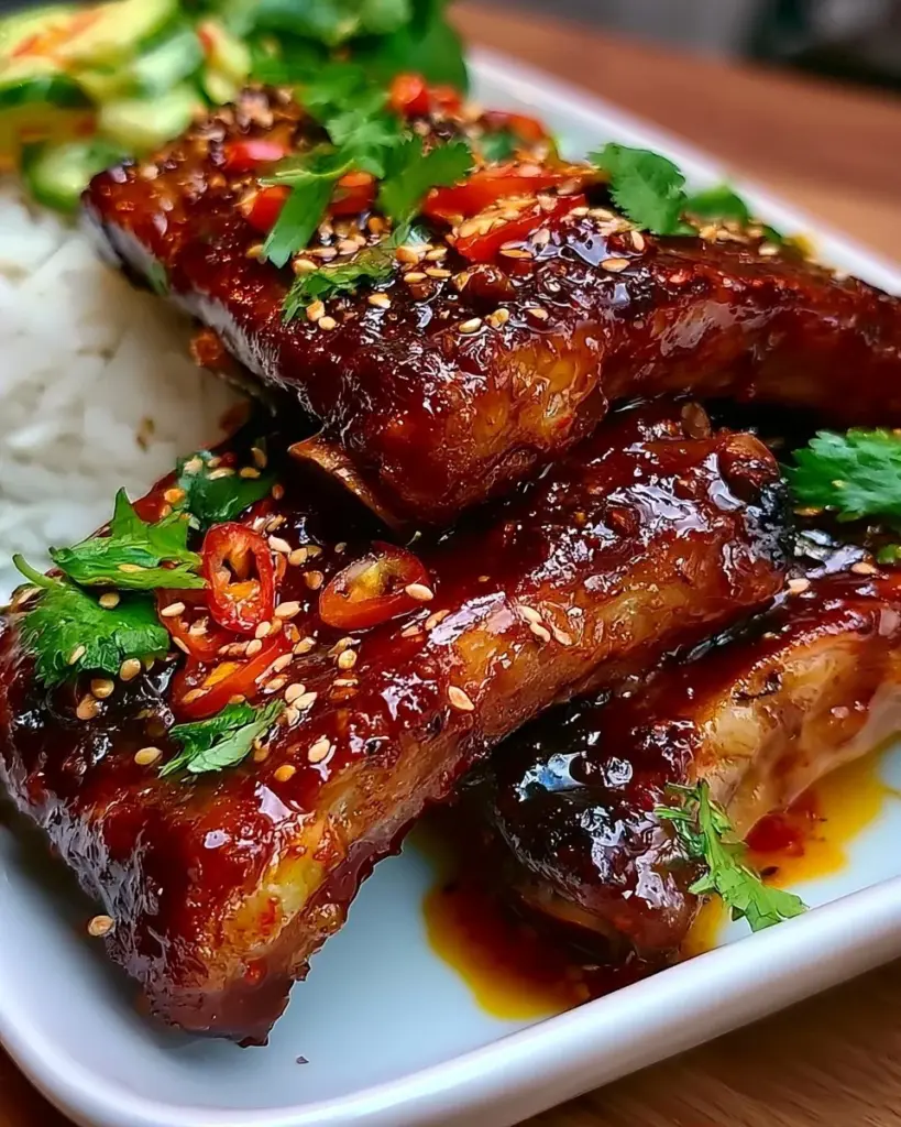 Thailändische Süß-Chili-Rippchen auf einem Grillteller serviert.