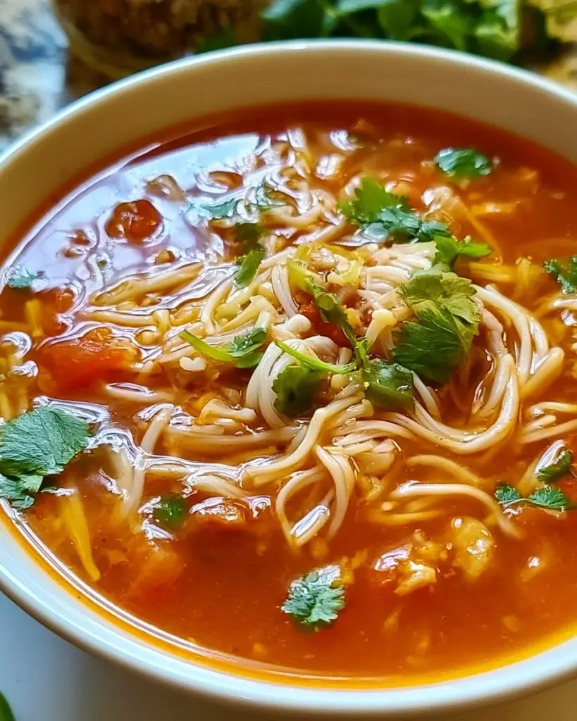 Schüssel mit Tomaten-Enoki-Pilz-Suppe, gesund und lecker