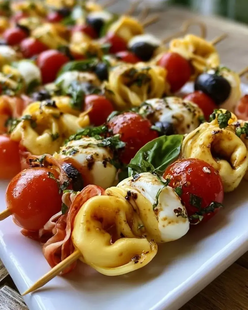 Tortellini-Spieße mit Tomate und Mozzarella auf einem Teller