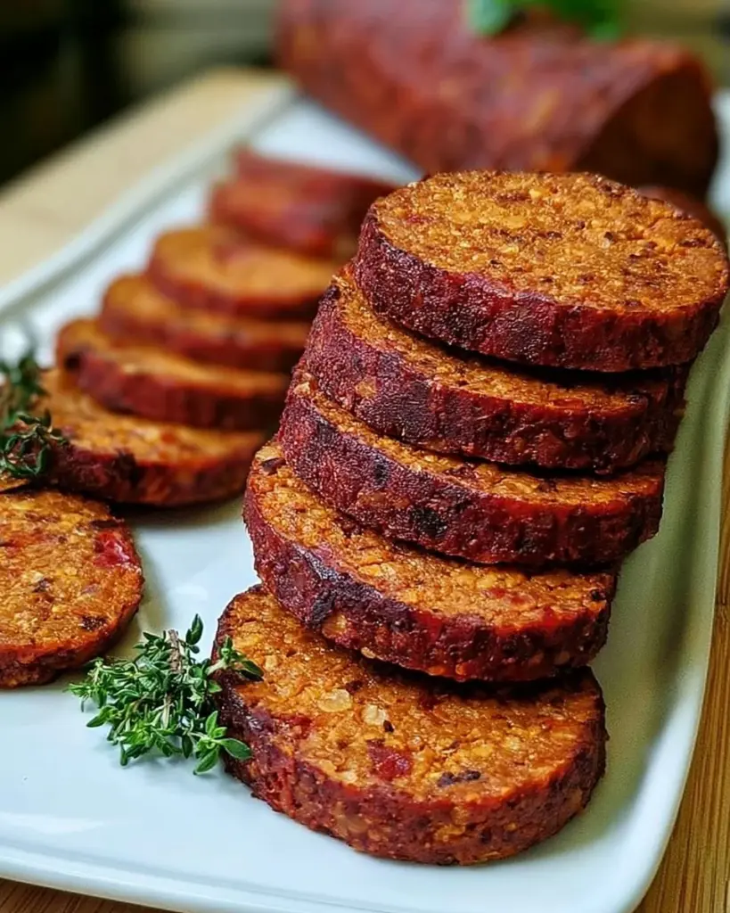Pflanzliche vegane Salami auf einem Holzbrett präsentiert