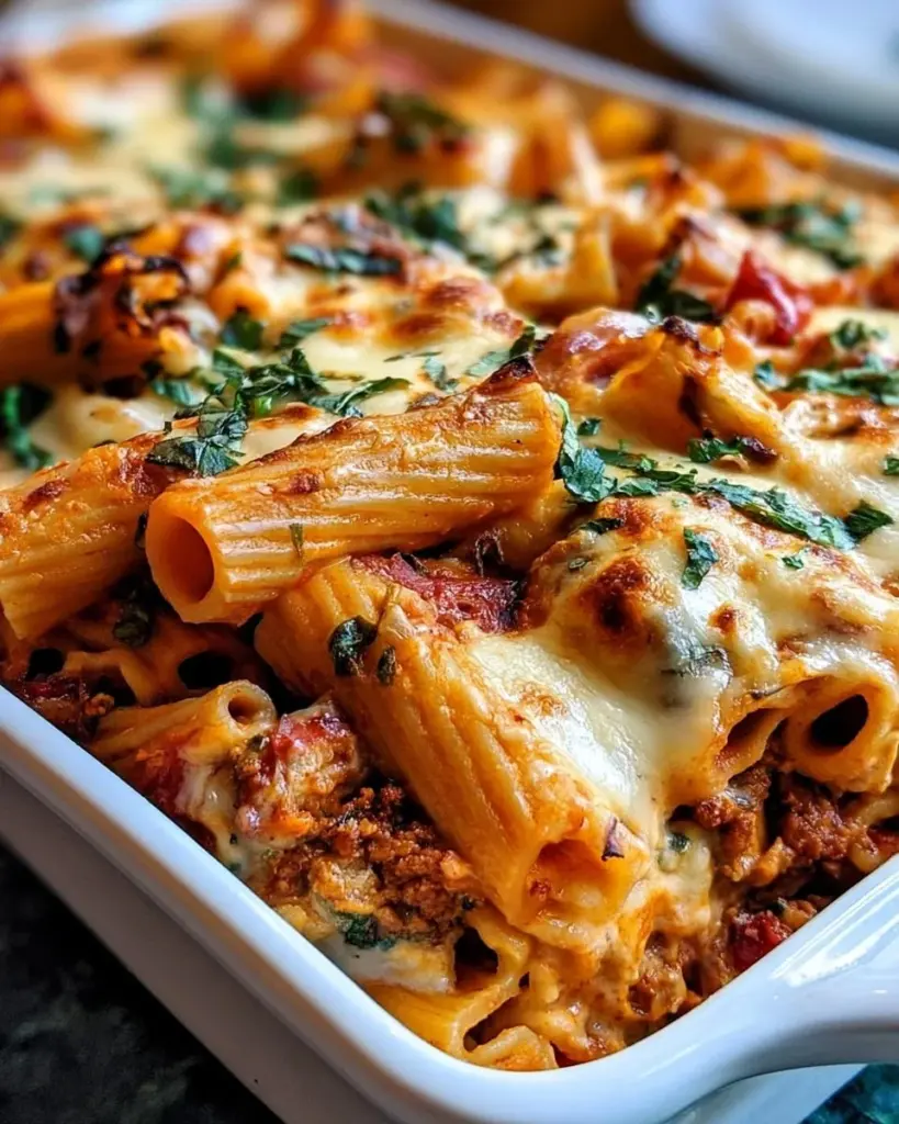 Veganer Ziti Auflauf mit Käsealternativen und frischen Kräutern