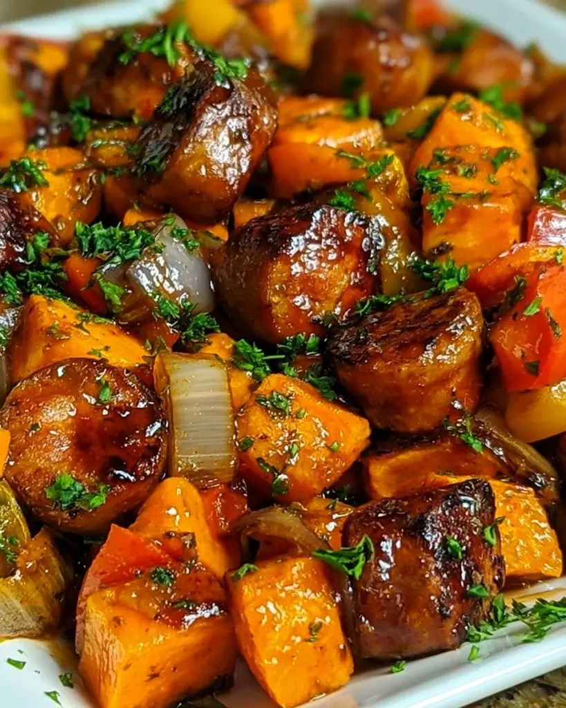 Pfanne mit Wurst und Süßkartoffeln zubereitet für ein herzhaftes Gericht
