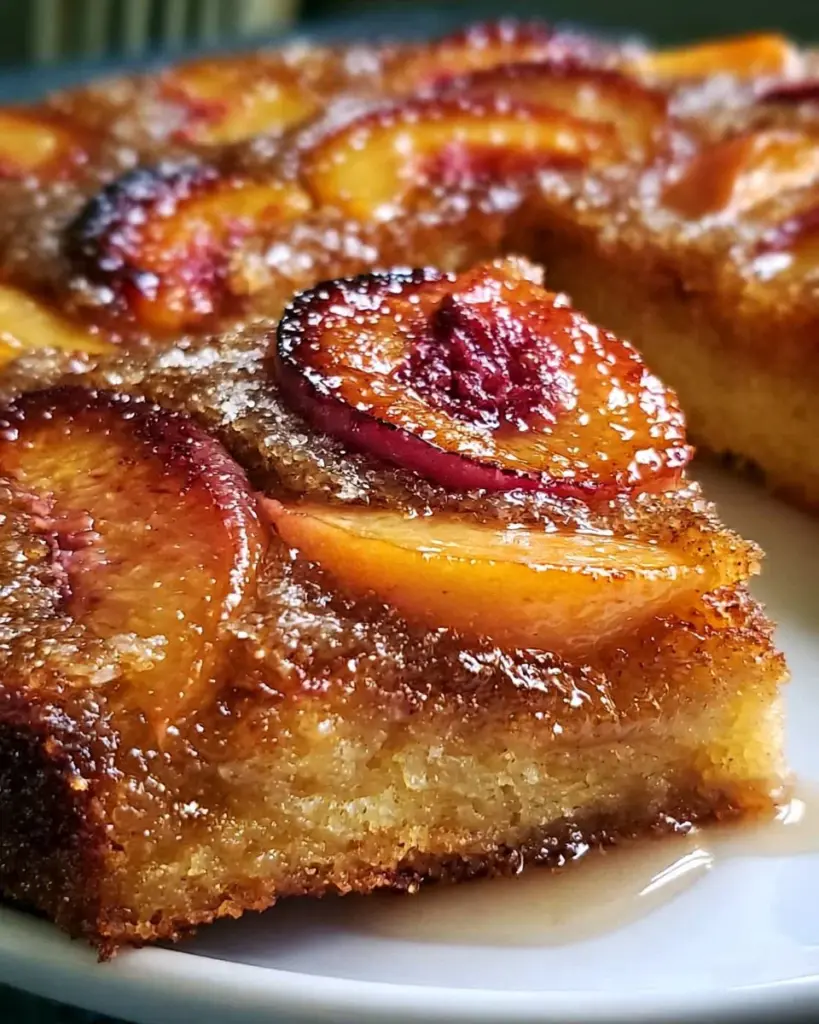 Brauner-Zucker-Pfirsich-Kuchen mit saftigen Pfirsichen und braunem Zucker.