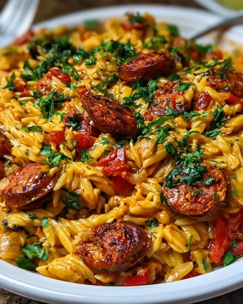 Cajun-Wurst Orzo-Eintopf in einem bunten, einladenden Teller serviert